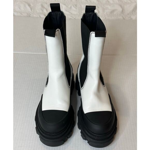 Ganni Women's White Black Leather Chelsea Calf high Platform Boots Size 38 - Picture 6 of 14